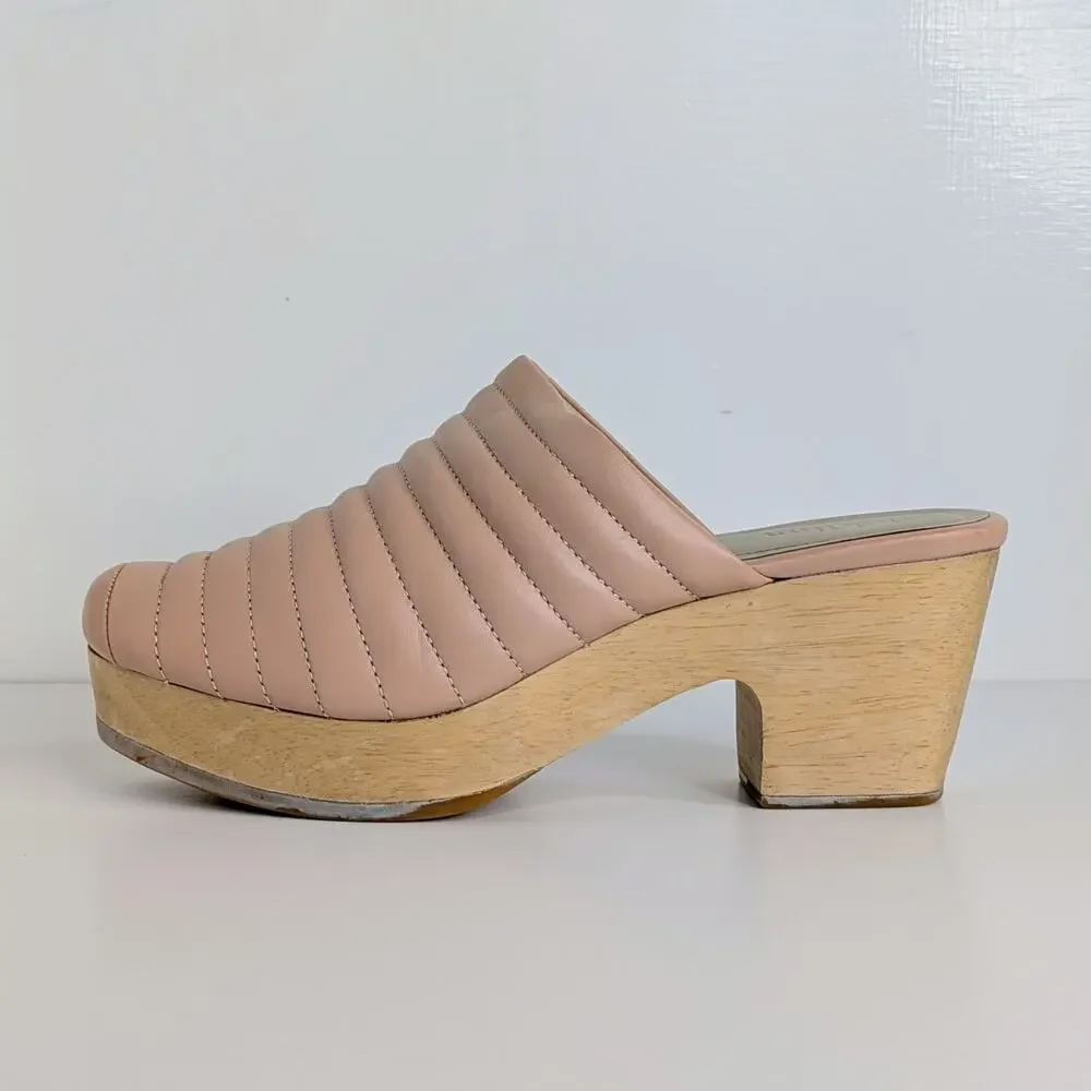 Beklina Ribbed Clogs 8.5 Buff Pink Tan Leather Platform Wood Clog Slip On US - Picture 8 of 16